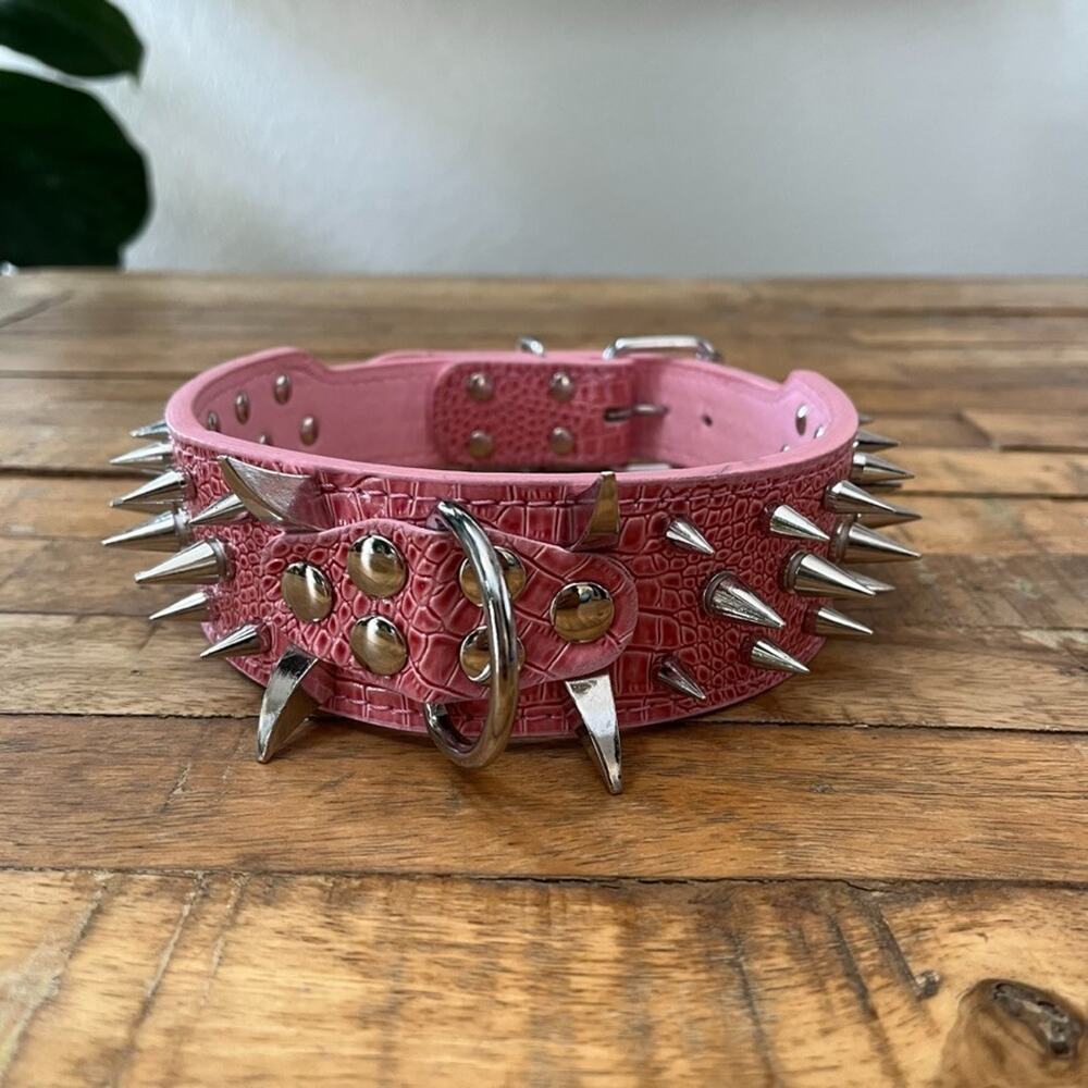 Pink Spiked Dog Collar Faux Croc Leather Medium Large 2" Wide